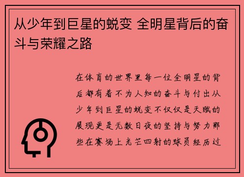 从少年到巨星的蜕变 全明星背后的奋斗与荣耀之路
